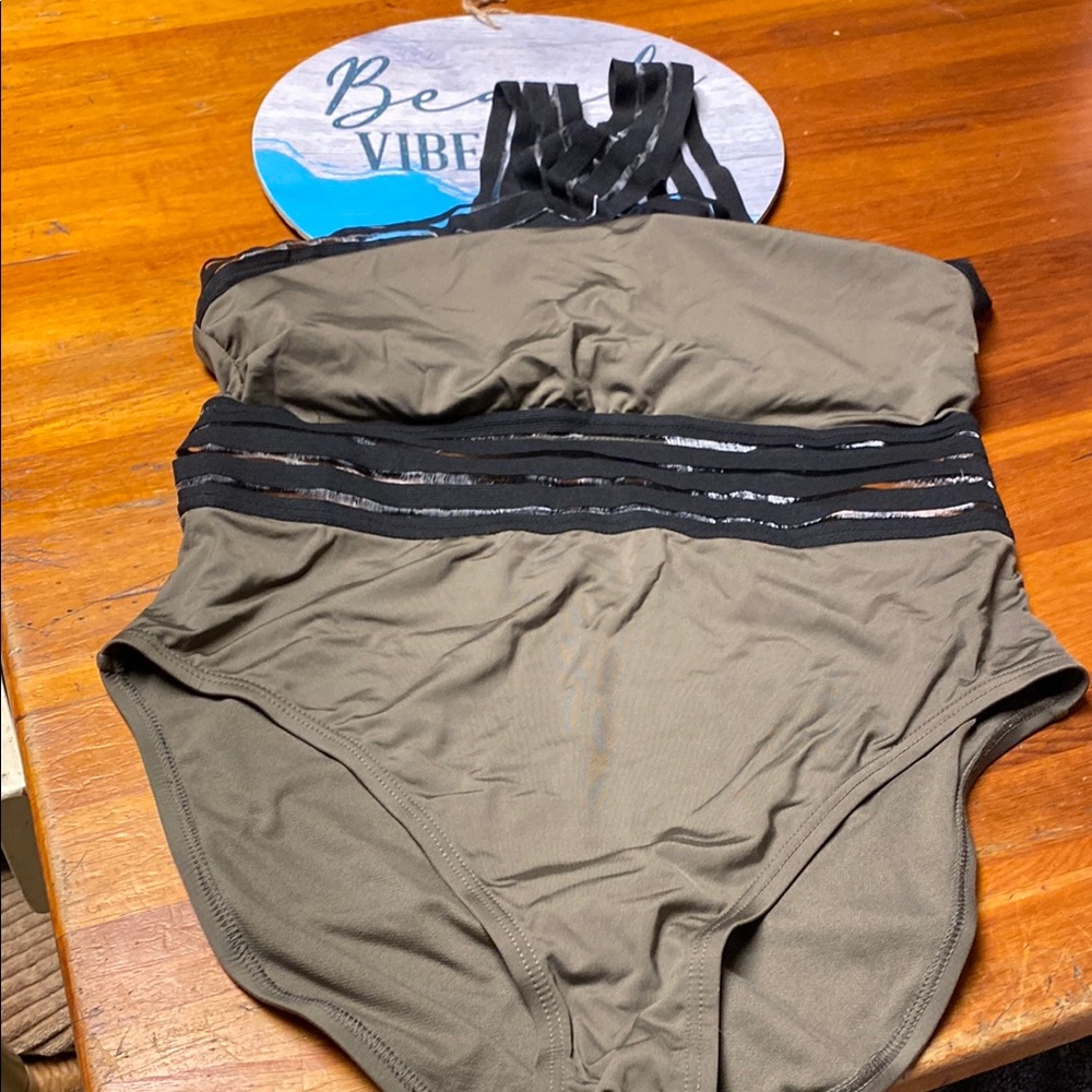 Kenneth Cole New York Olive and Black One Piece Swimsuit